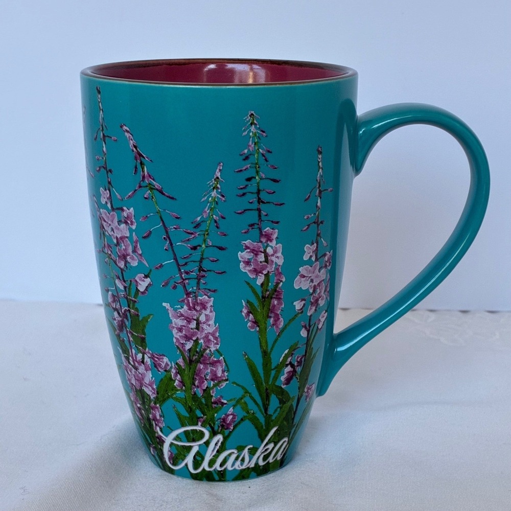 Teal Alaska Fireweed Mug Floral Tall Ceramic Souvenir Cabin Travel Mountain Life